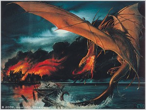 Smaug Destroys Lake-town by John Howe.
