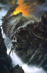 Glaurung the dragon, one of the chief weapons Morogth used to defeat the Eldar in Beleriand. Artwork: John Howe.
