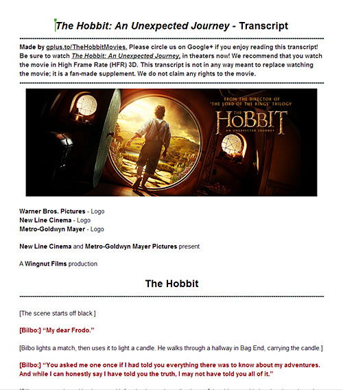 The Hobbit: An Unexpected Journey. A complete transcript.