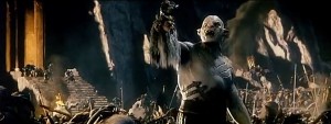 Azog holds aloft the head of the Dwarven King, Thorin Oakenshield's grandfather.
