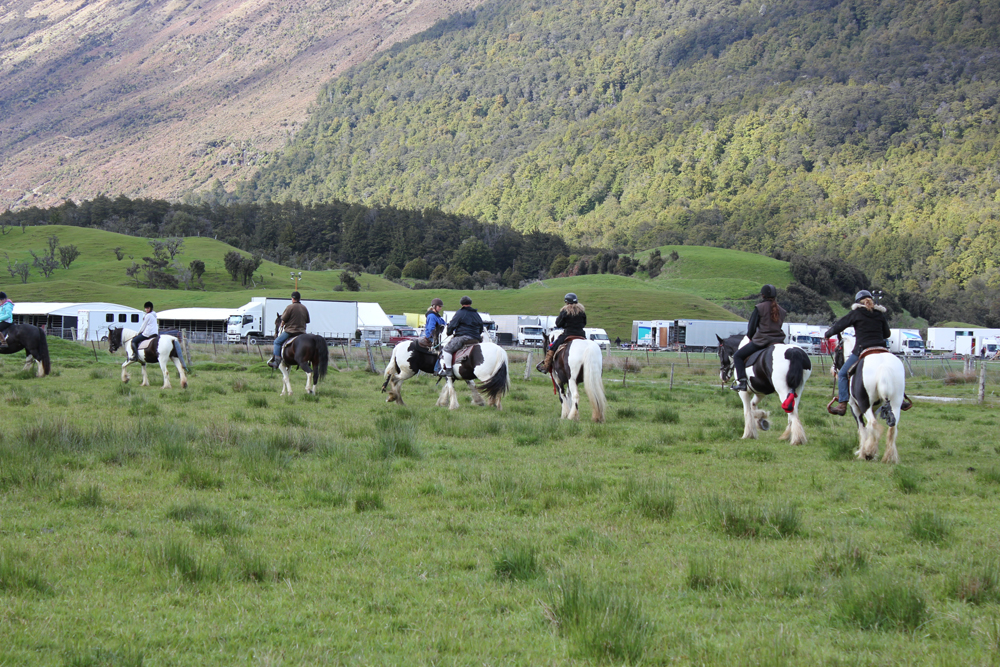 The horses being put through their paces on set.