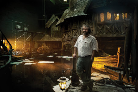 Peter Jackson stands on the set of Lake-Town
