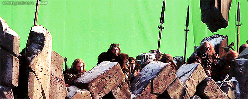 Thorin and Co behind a rough walls at Erebor's gate.
