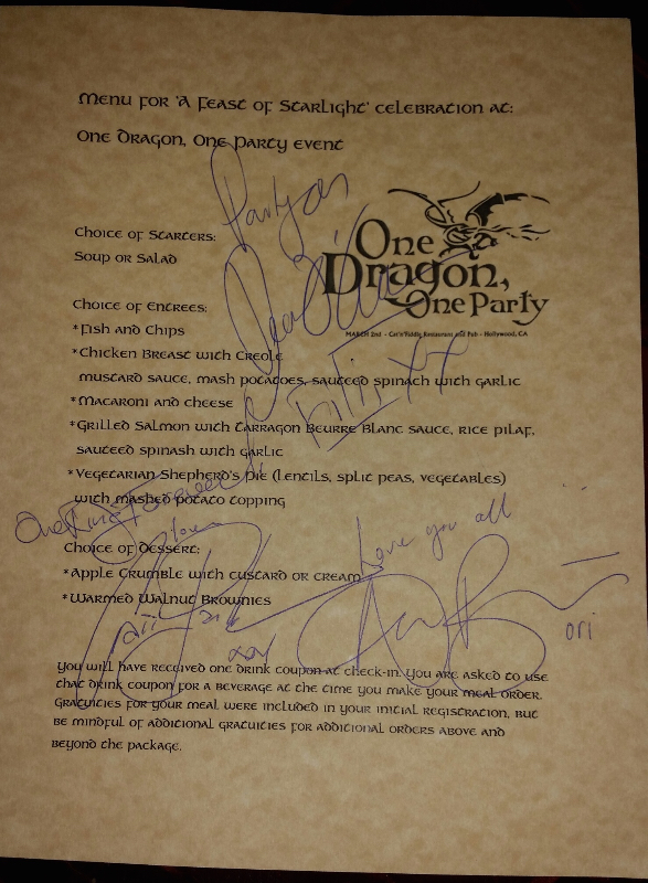 One Dragon, One Party menu signed by Dean O'Gorman, Craig Parker and Adam Brown